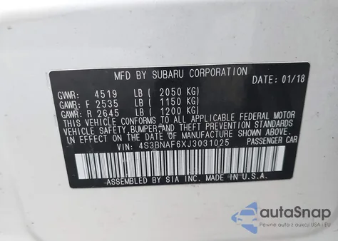 2018 Subaru Legacy 2.5I Premium from USA, damaged, VIN 4S3BNAF6XJ3031025